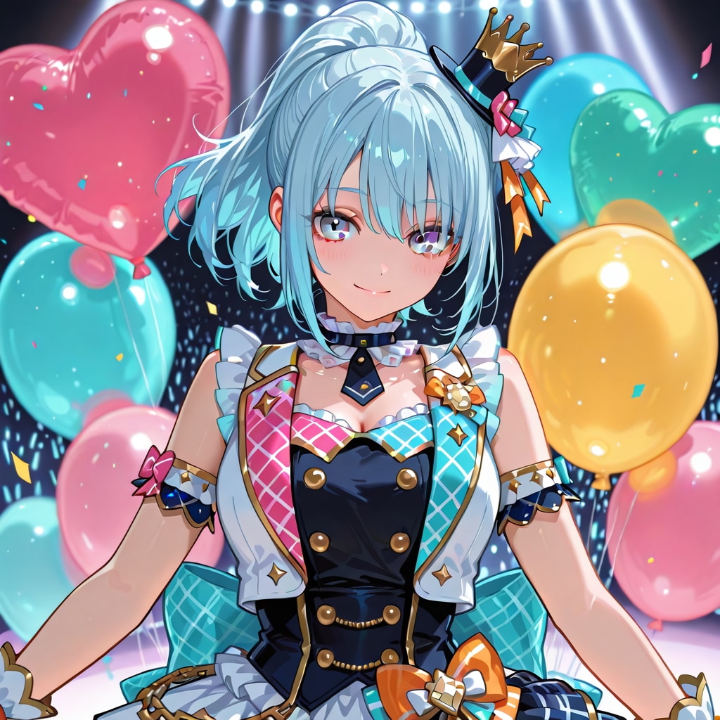 いっぱい色とりどりの風船を持つ水色髪ポニーテールのアイドル