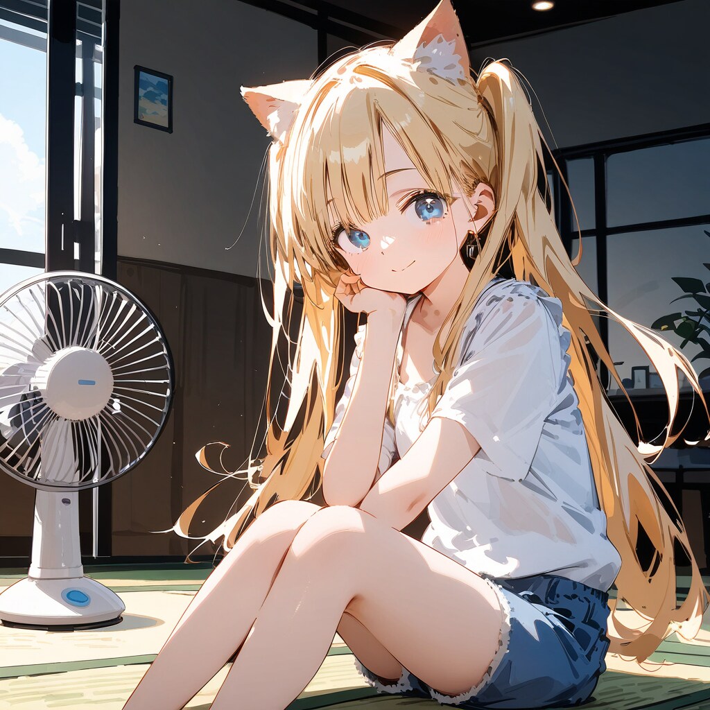 こるり「扇風機、笑顔。暑さに強いアピール」まや「うーん、よくわからん」 | の人気AIイラスト・グラビア