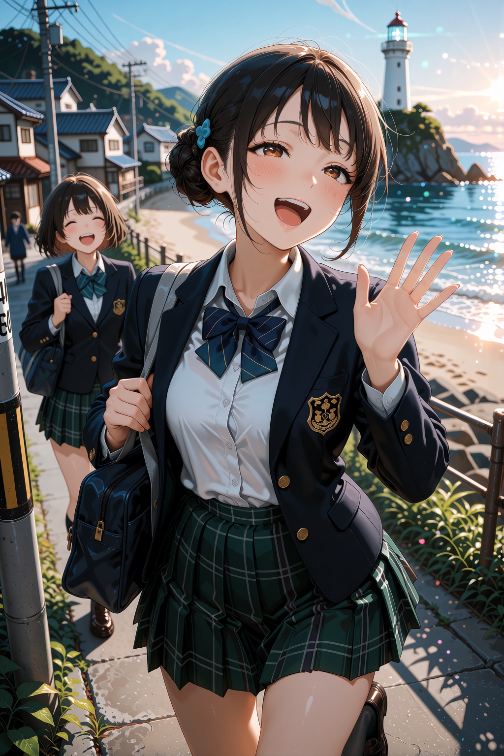 お団子JK楽しげに登校す