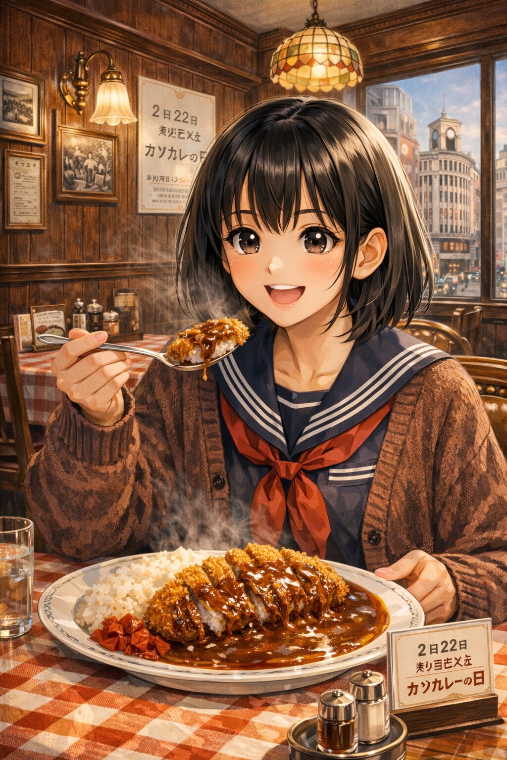 カツカレーを食べている女の子