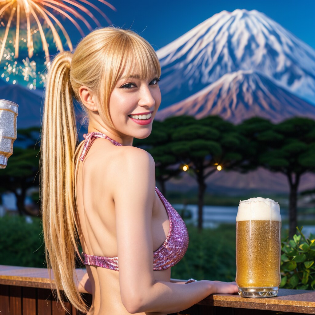 富士山ビアガーデンで打ち上げするアイドル