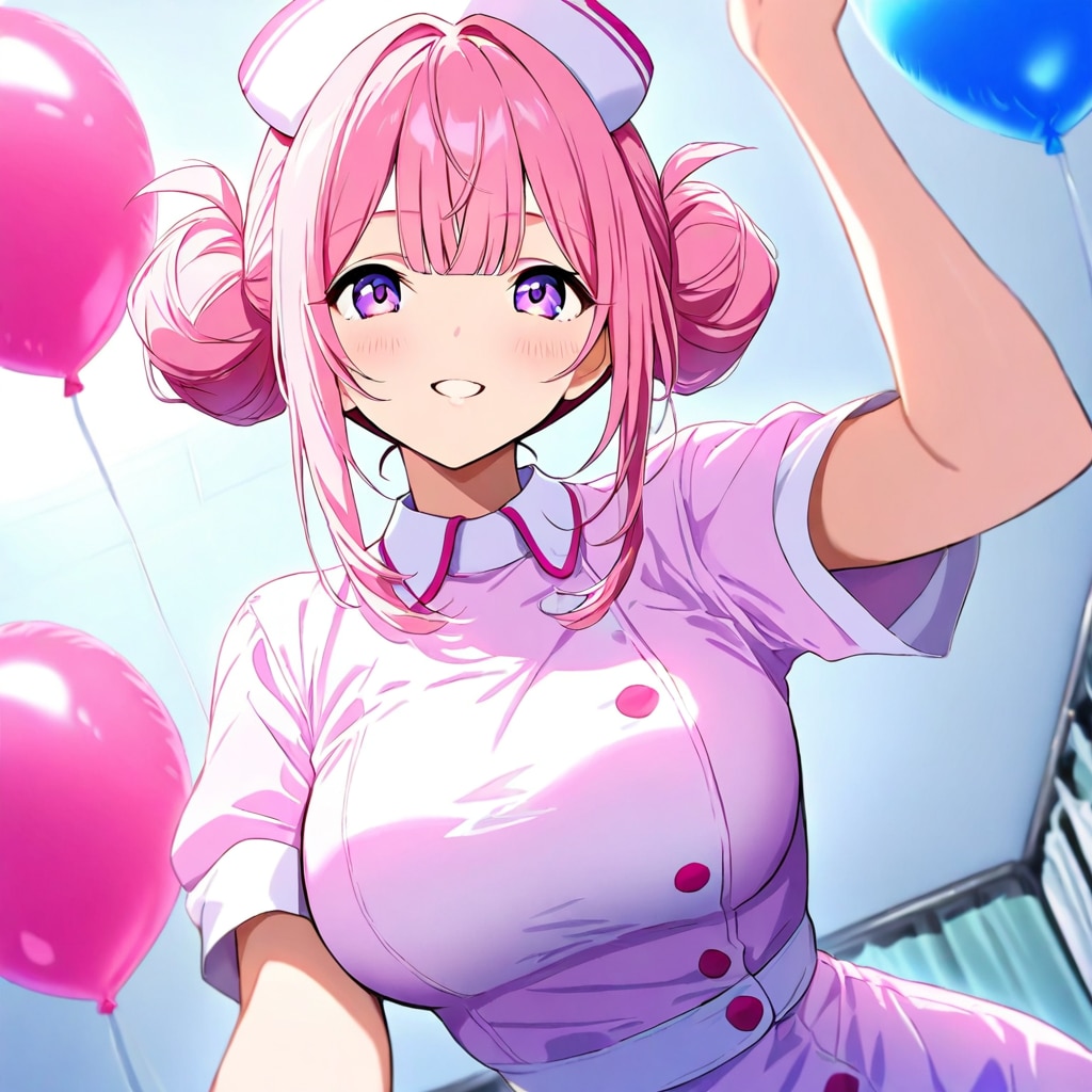 病室で風船を膨らませて遊ぶピンク髪お団子ヘアのナース服の美女。 | の人気AIイラスト・グラビア