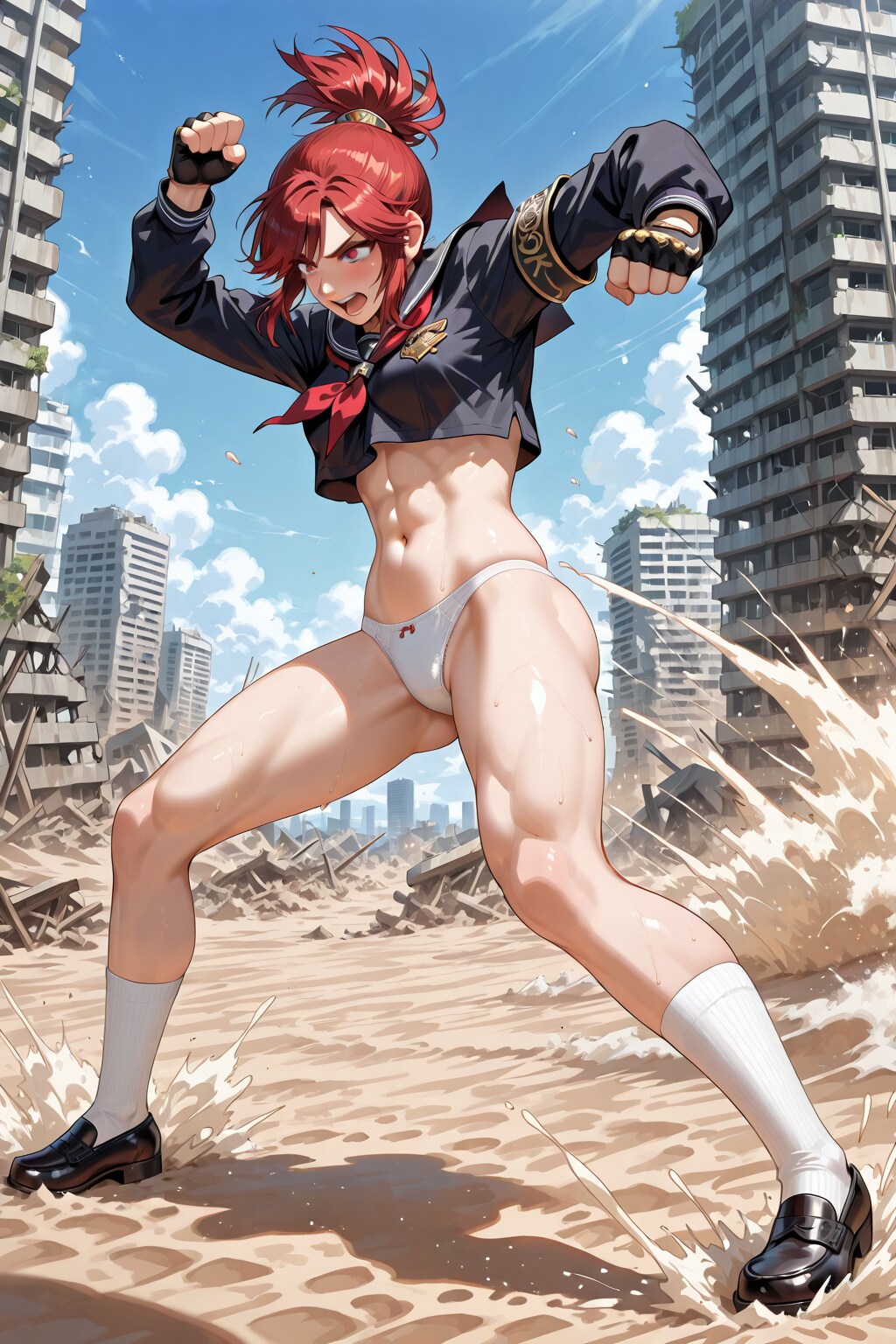 男勝り冒険家のセーラー服へそ出しパンツの戦闘