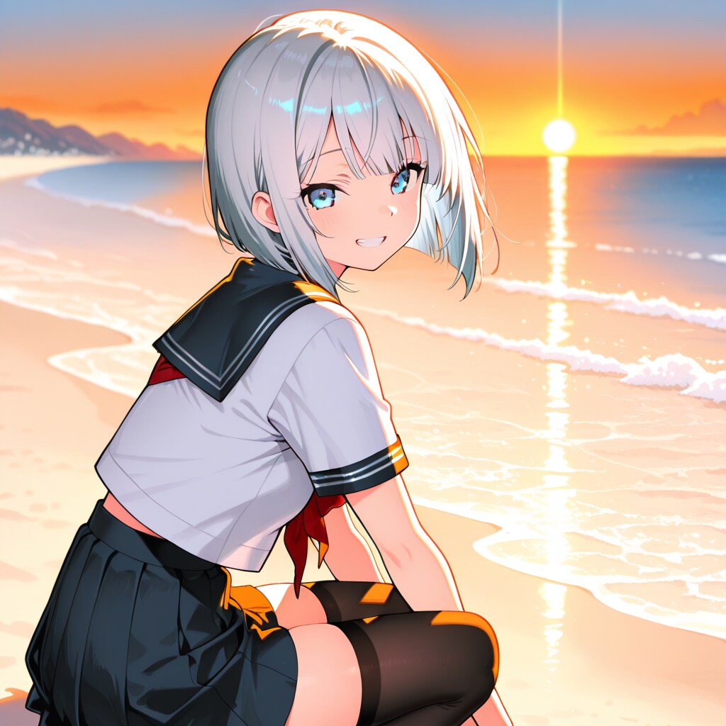 銀髪は至高、夕暮れの海辺