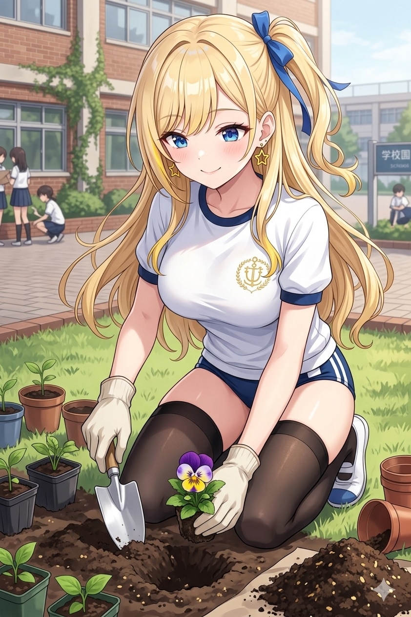 花壇に花を植えるナミちゃん