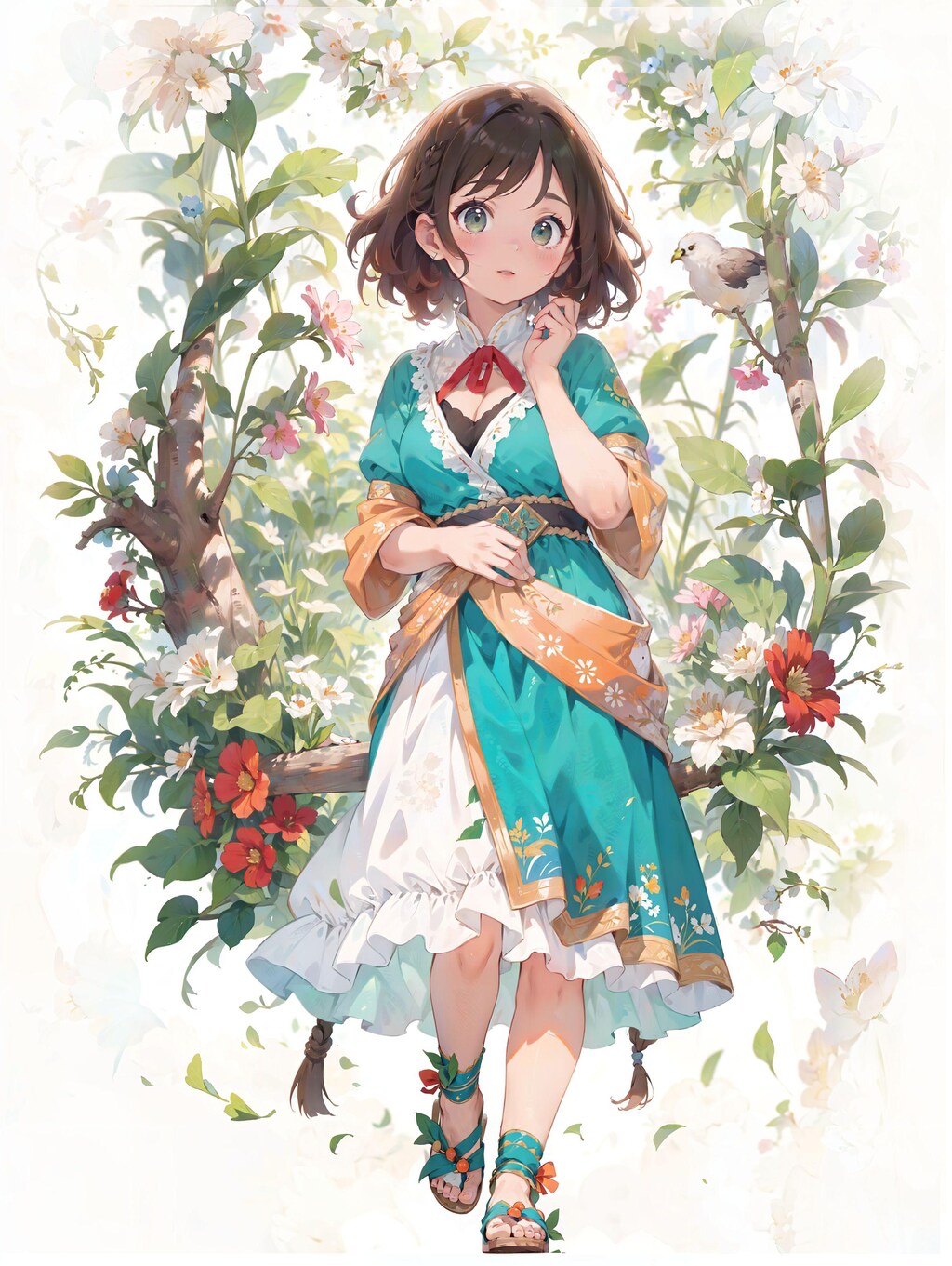 小枝の小鳥とサリーの女の子