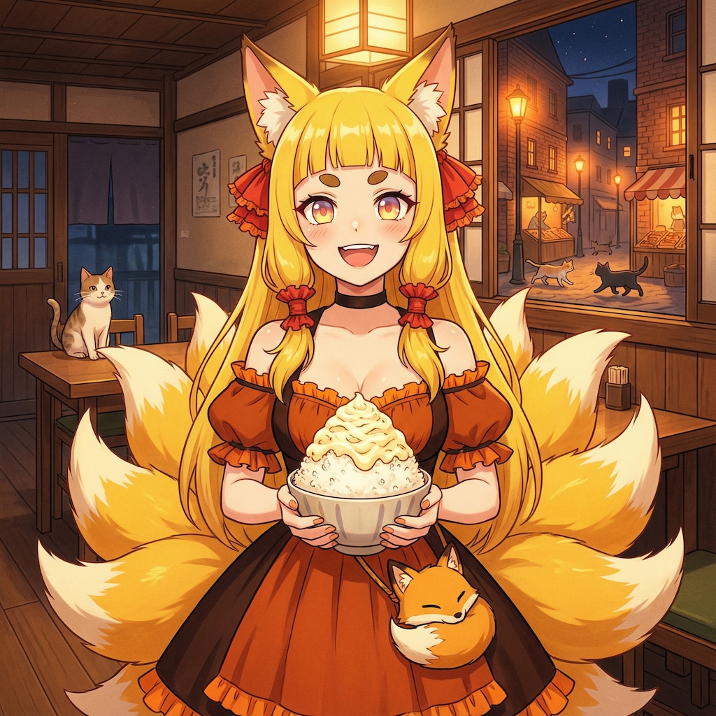 マヨネーズを摂取して妖力を回復するしっぽたくさんある狐系女子