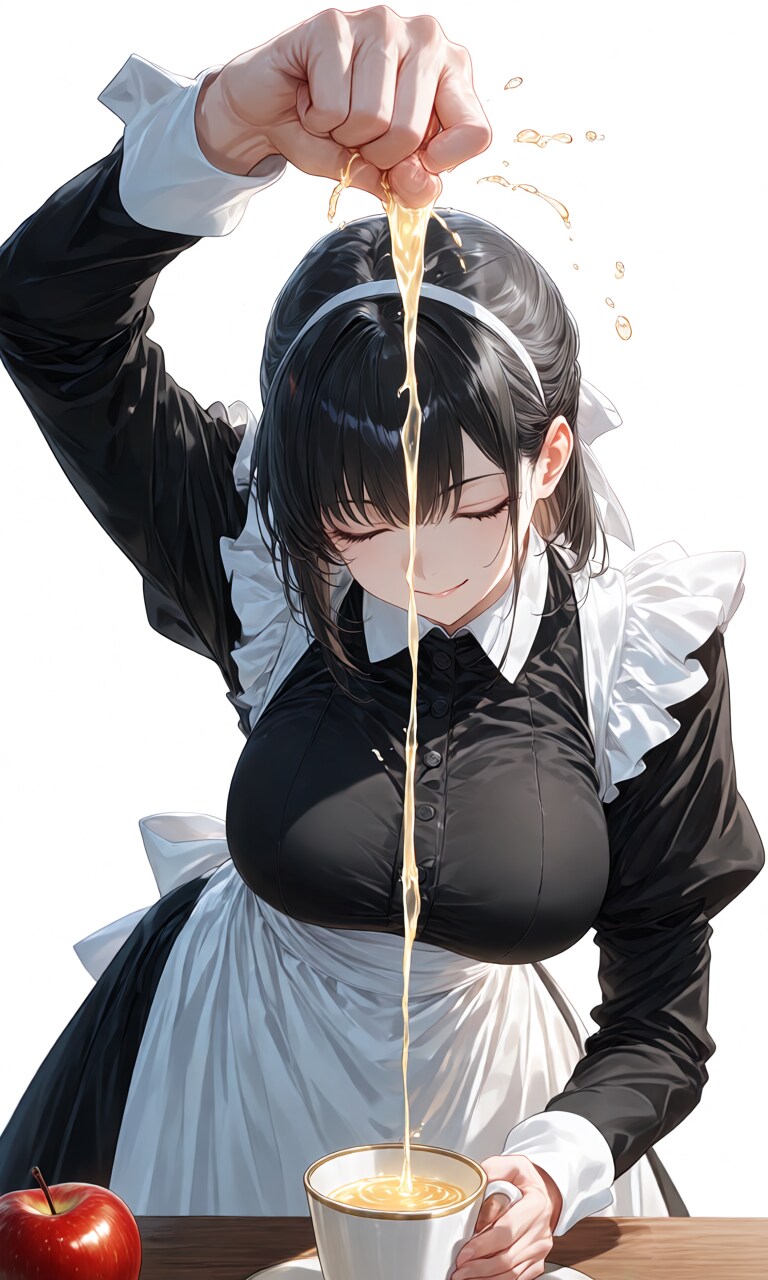 朝のリンゴジュースを用意してくれるメイドさん