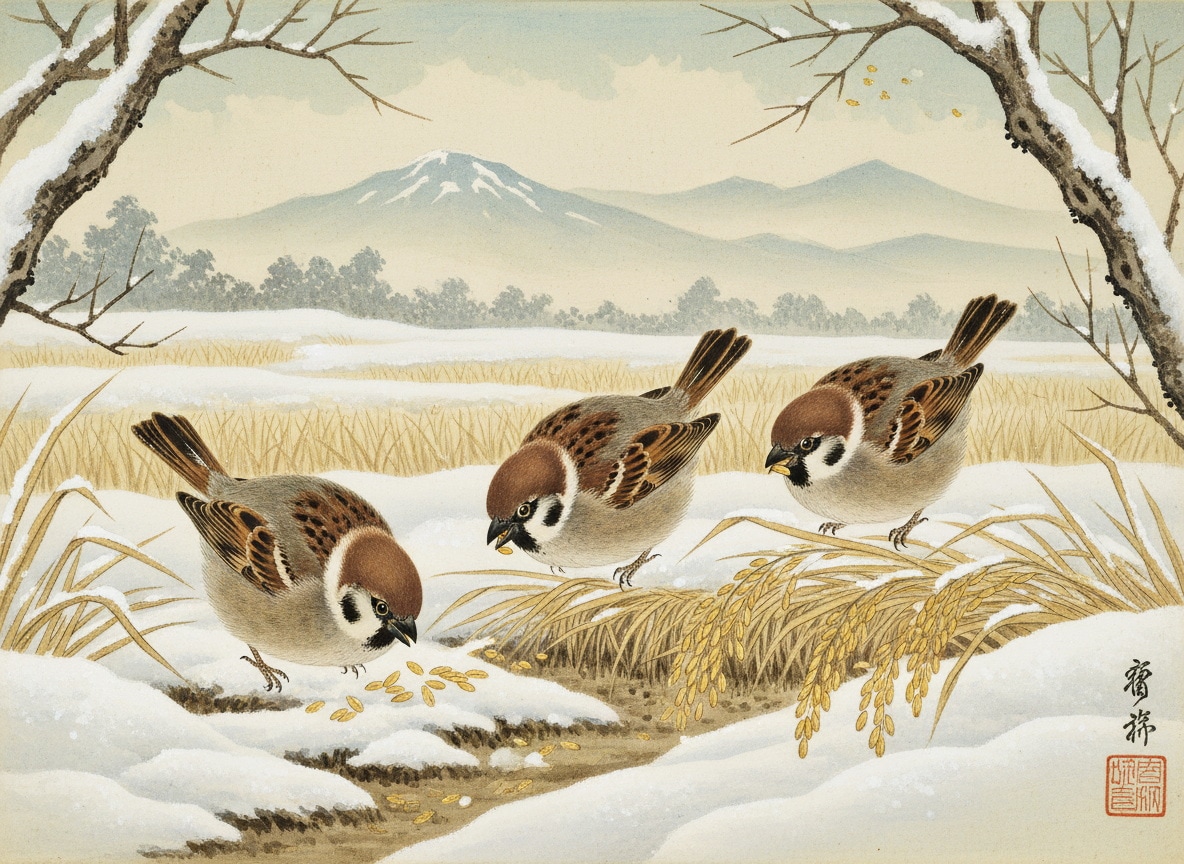 雪に埋もれた籾を啄む雀と刈残しの稲 | の人気AIイラスト・グラビア