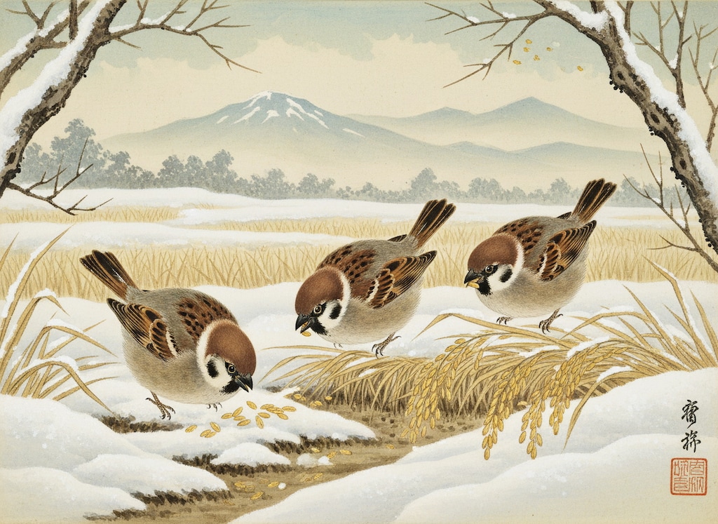 雪に埋もれた籾を啄む雀と刈残しの稲