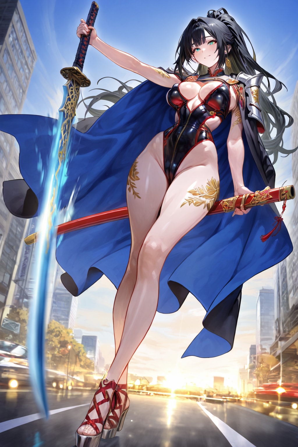 朝日を背景に立つ美女剣士　ー #CORIS 試作画像【リメイク版】赤きバイクを駆る女侍-人物のみ ー