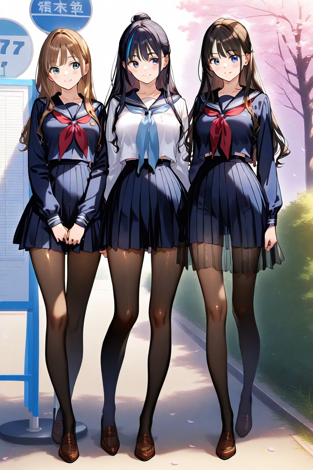 桜の木の下でバスを待つ少女