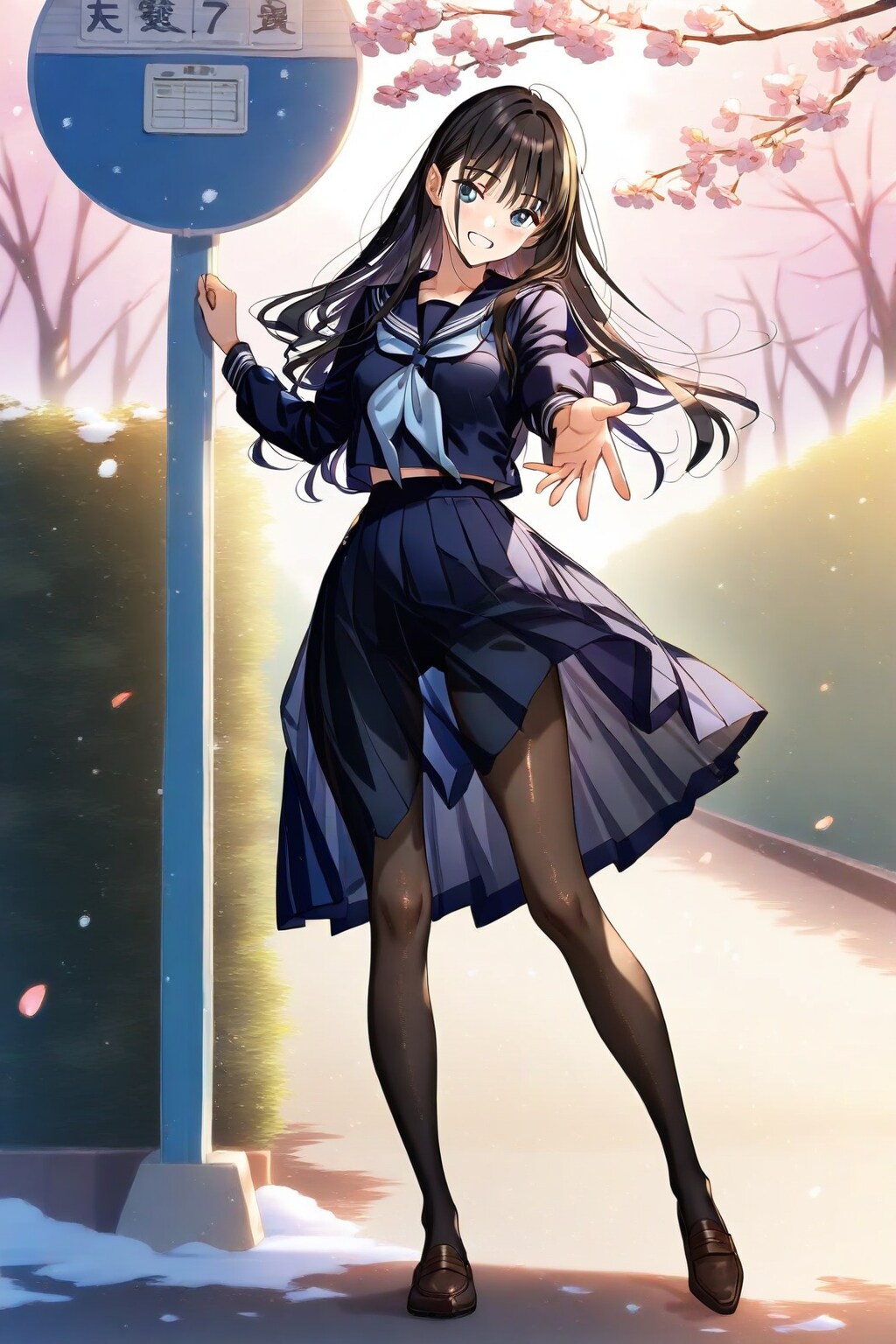 桜の木の下でバスを待つ少女