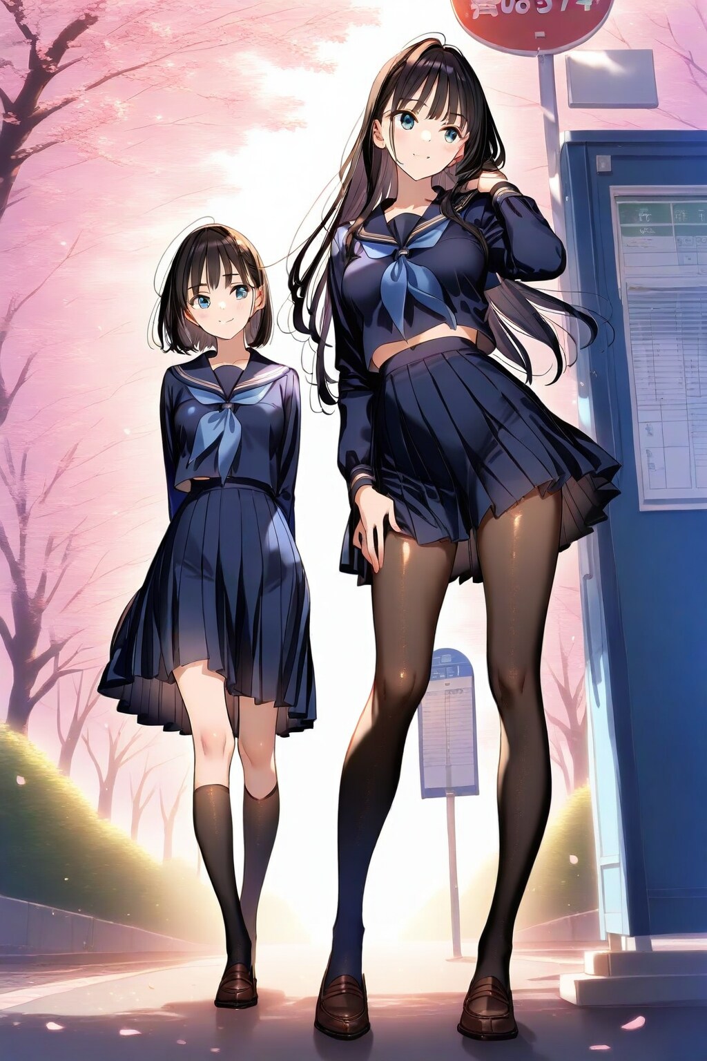 桜の木の下でバスを待つ少女