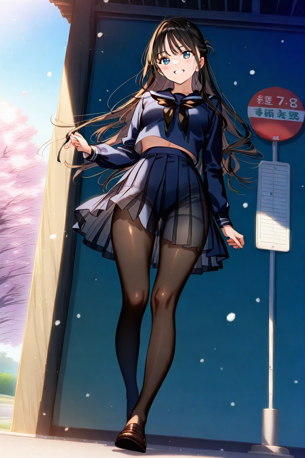 桜の木の下でバスを待つ少女