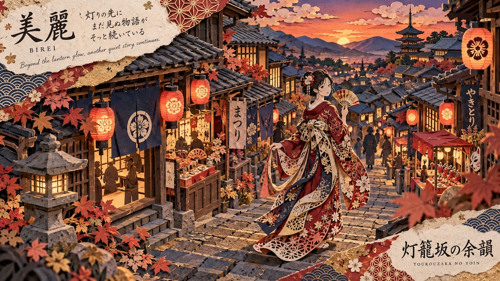The lingering glow of Tourouzaka, a maiko drifting through a lantern-lit autumn street at dusk.  Bey