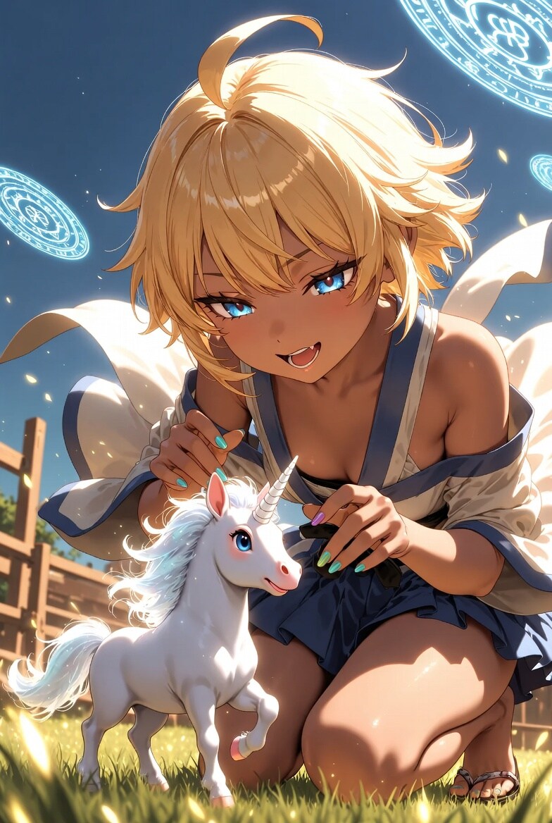 金髪ギャル　魔獣牧場でプチユニコーンを励ます