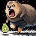 油絵風、キウイフルーツに追いかけられて走って逃げるショートパンツマーモット 9枚目