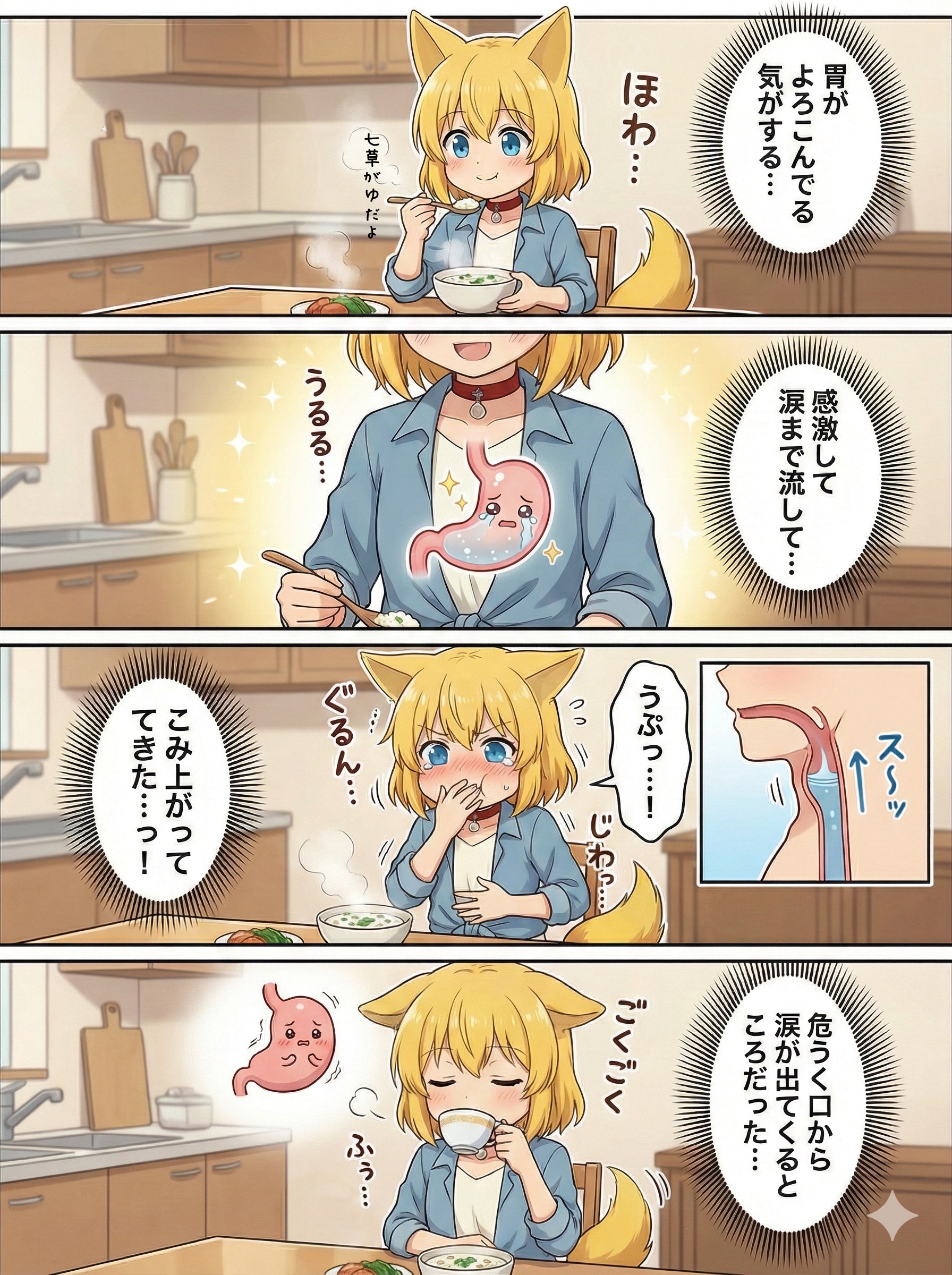 お正月で疲れた胃を休めようと七草がゆを食べたら胃が感激のあまり泣き出し涙が口まで登って溢れそうになったので飲み物を飲みこんで水圧と気合いで押し戻すキツネ | の人気AIイラスト・グラビア