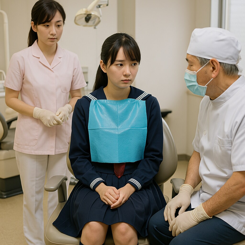 歯科医の問診を受けるセーラ服姿の女子高生
