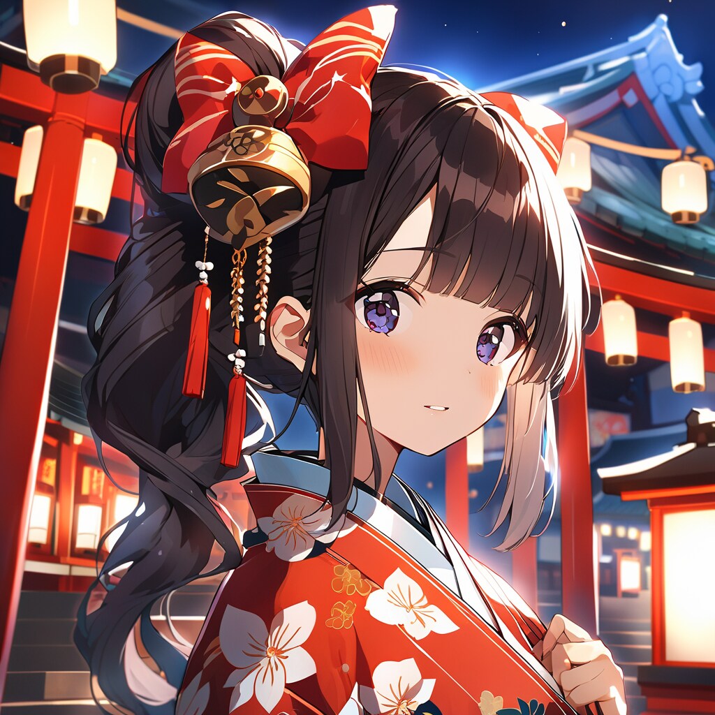 ポニーテールの着物の女の子と神社