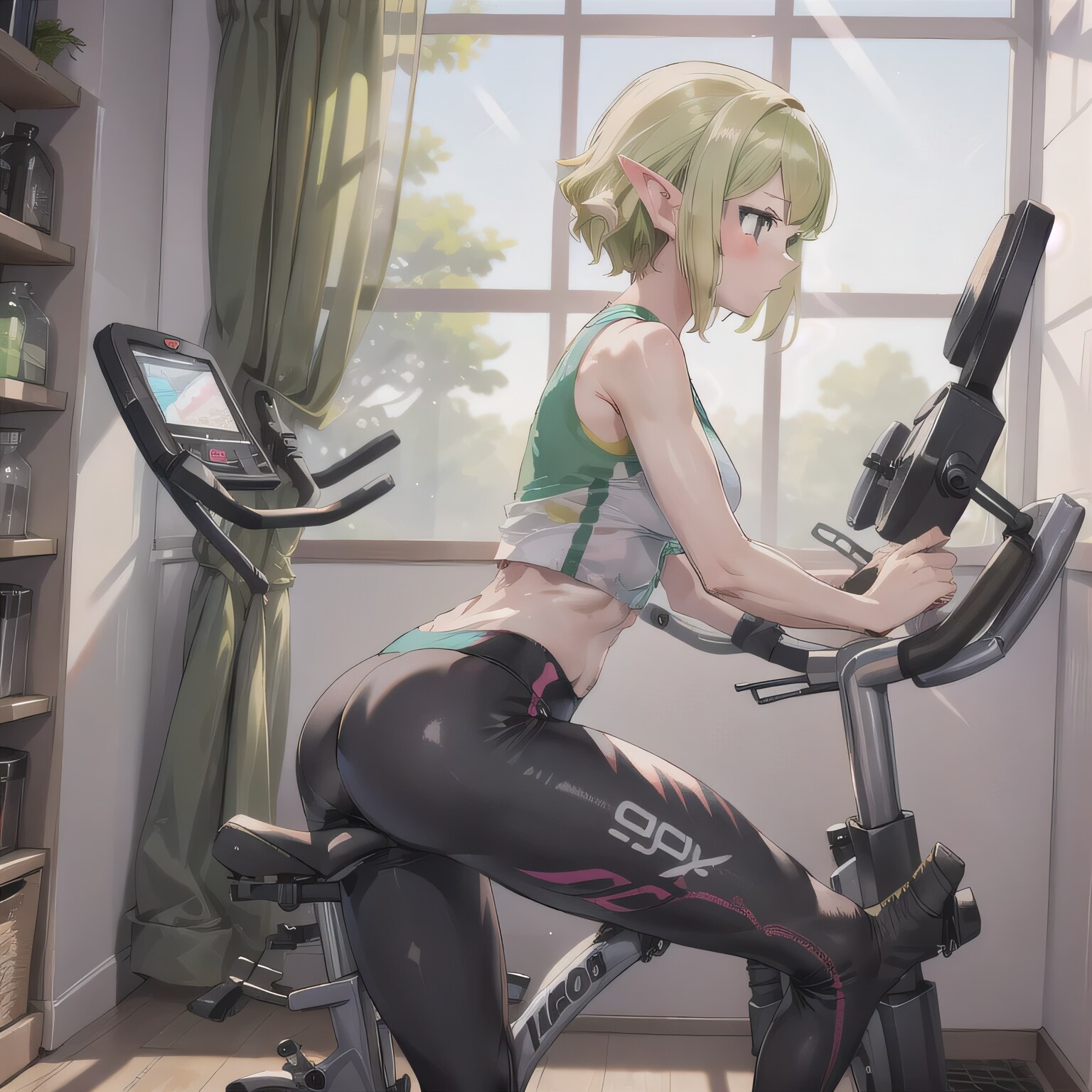 緑髪ボブでエアロバイクの少女 | の人気AIイラスト・グラビア
