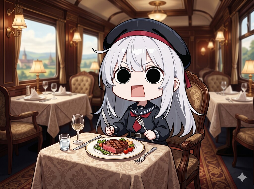食堂車を満喫するえらいこっちゃ嬢