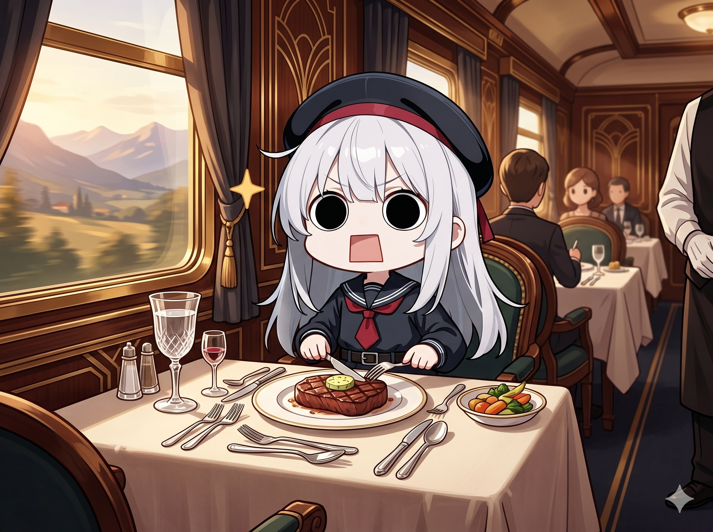 食堂車を満喫するえらいこっちゃ嬢