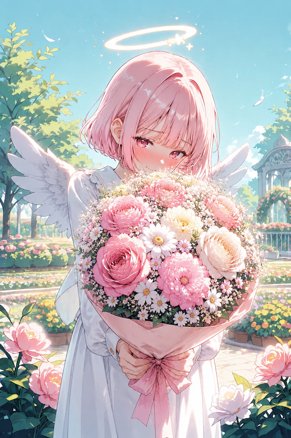 少し照れながら花を贈るピンクちゃん