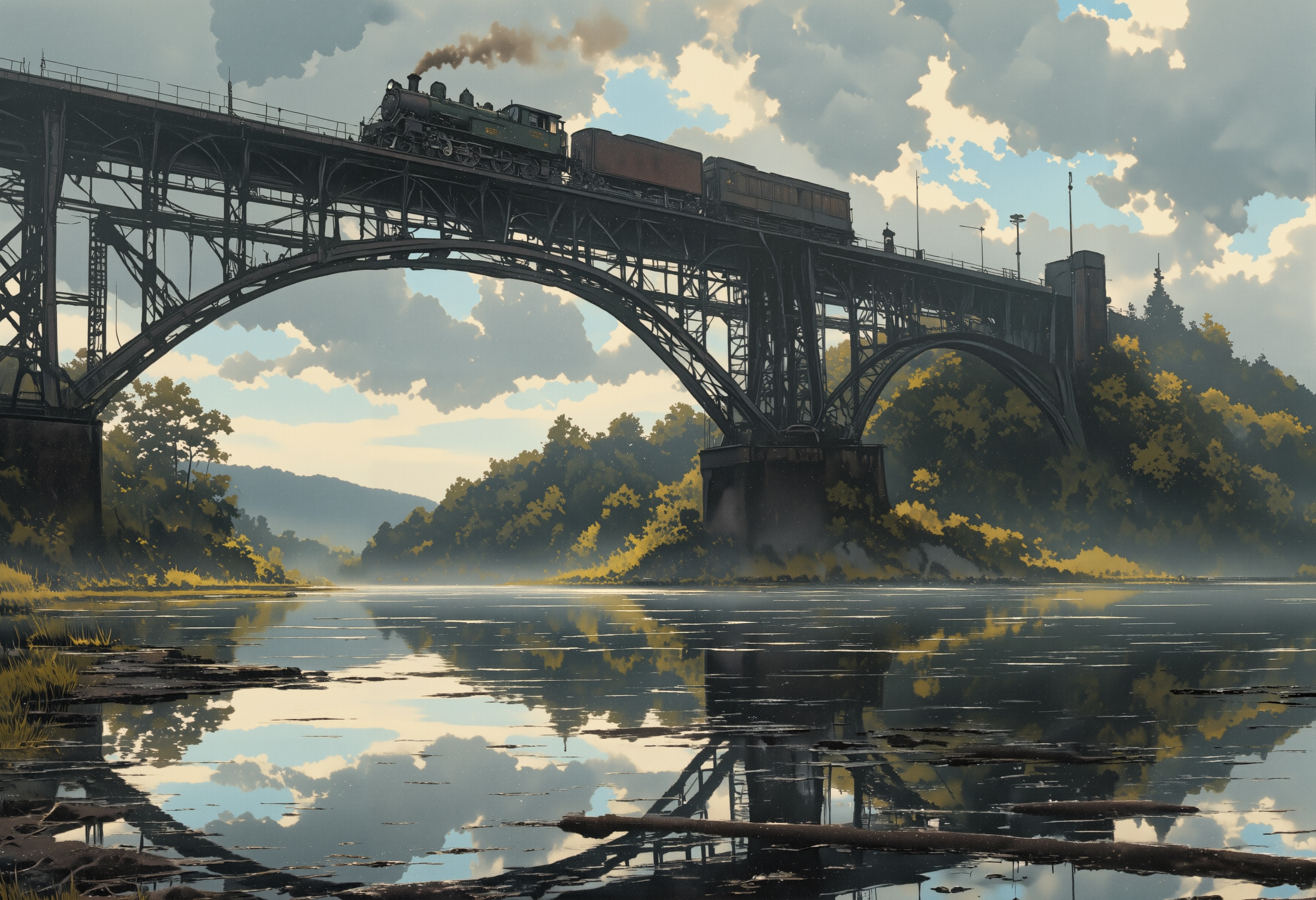 鉄橋を渡る蒸気機関車 | の人気AIイラスト・グラビア