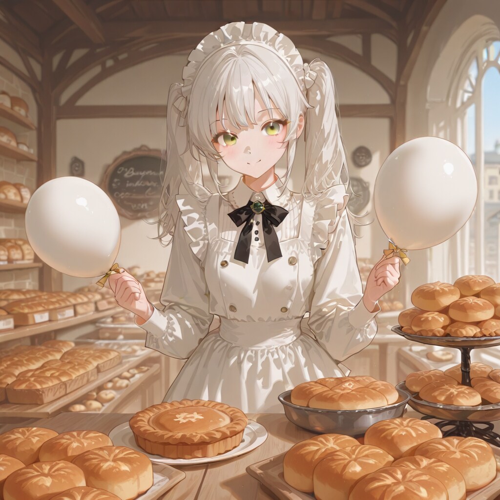 パン屋さんで白い風船を持つ白い髪ロングの美女店員さん | の人気AIイラスト・グラビア