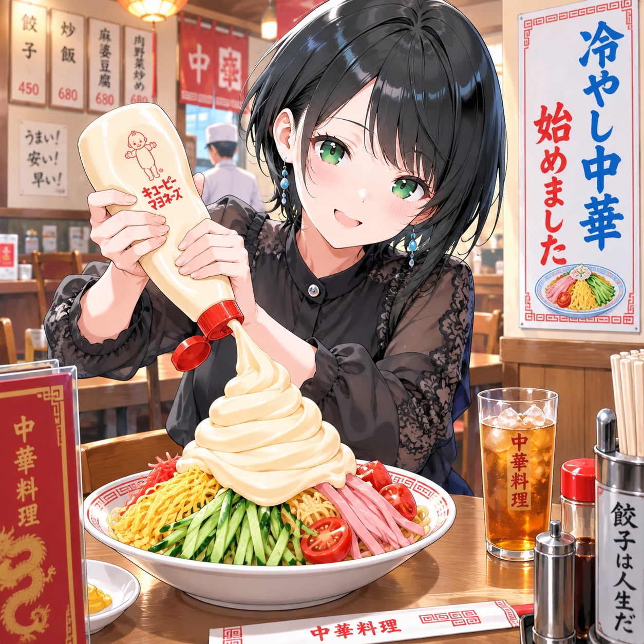 冷やし中華にマヨネーズをかける藍音ちゃん | の人気AIイラスト・グラビア