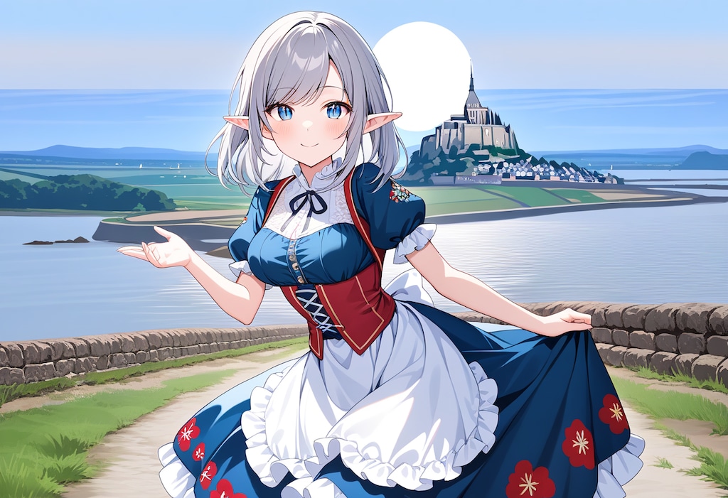 Days AI「モンサンミッシェルと民族衣装を着たエルフ美少女」
