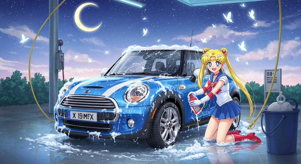セーラームーンがミニクーパーを洗う