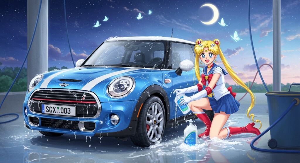 セーラームーンがミニクーパーを洗う