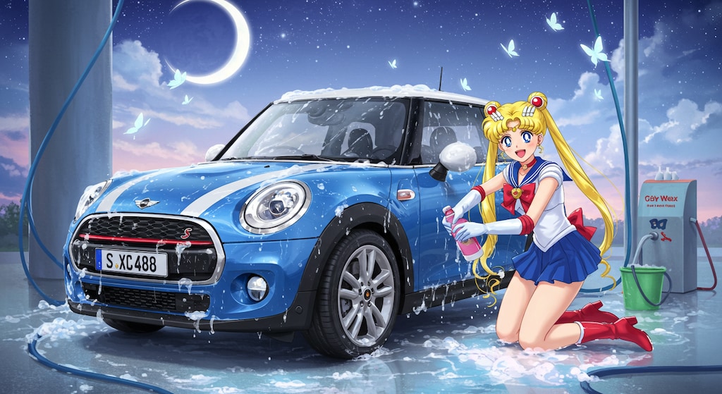 セーラームーンがミニクーパーを洗う