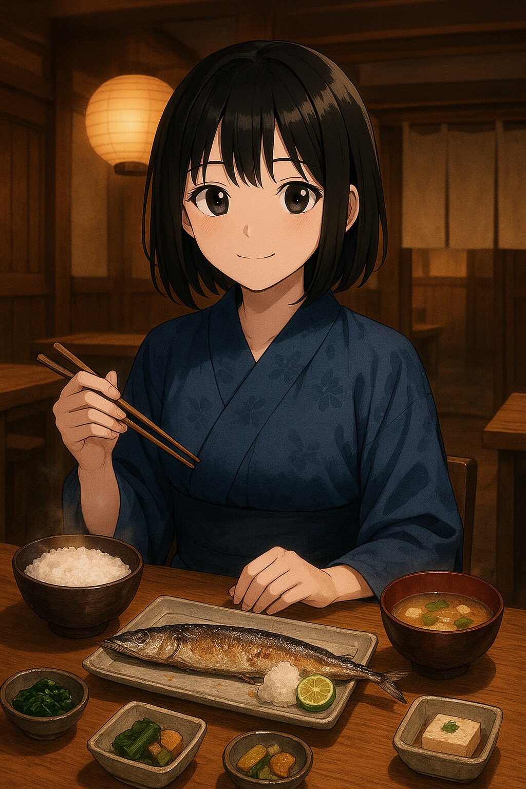 さんま定食を食べている女の子
