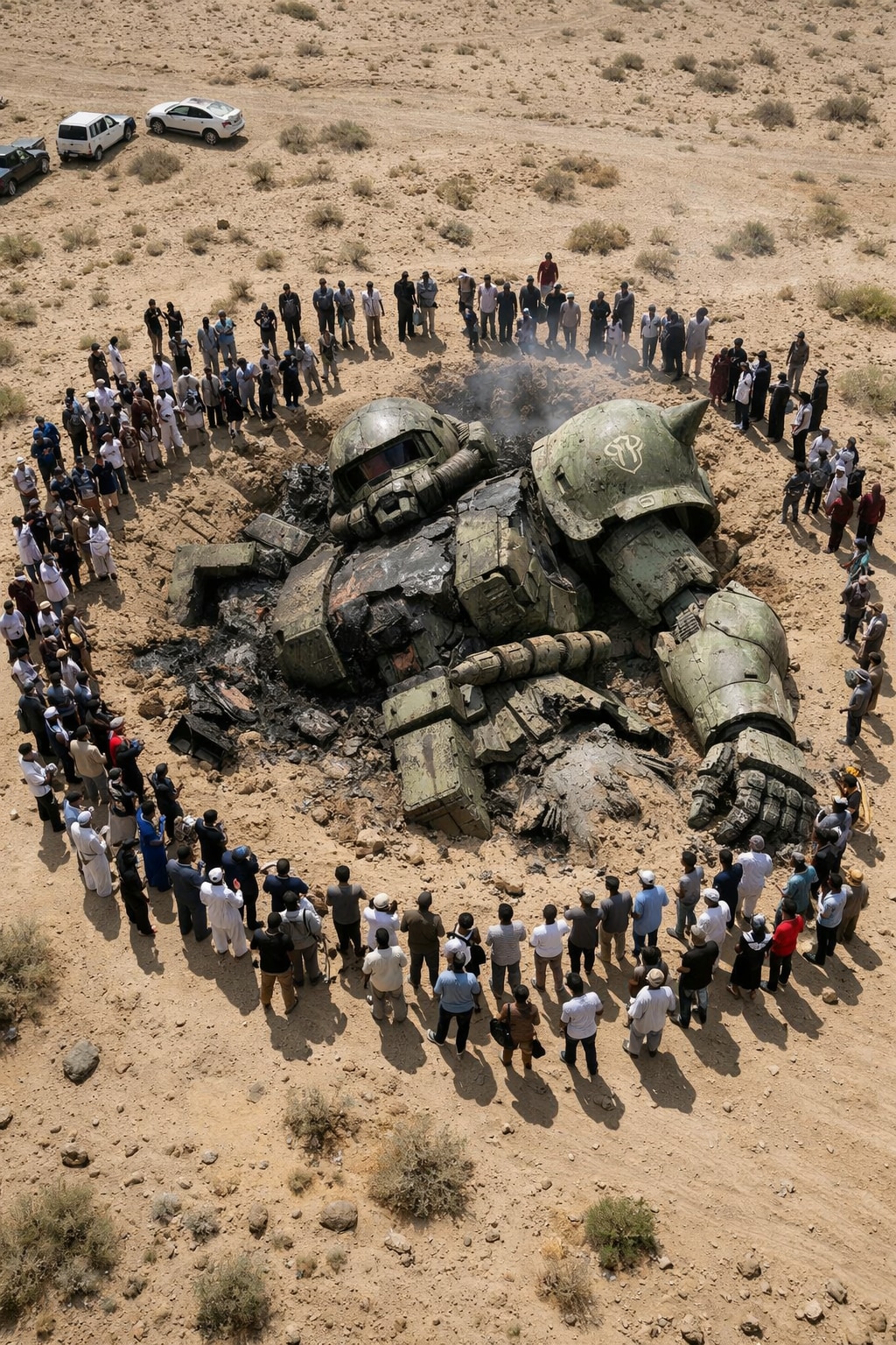 イ〇ン革命防衛隊によって撃墜されたザクに集まる民衆