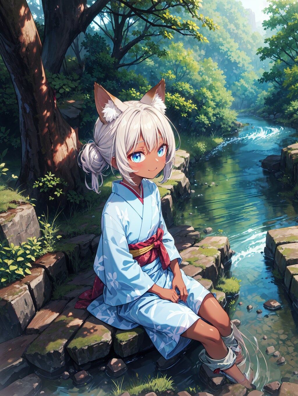 川辺で涼む狐娘