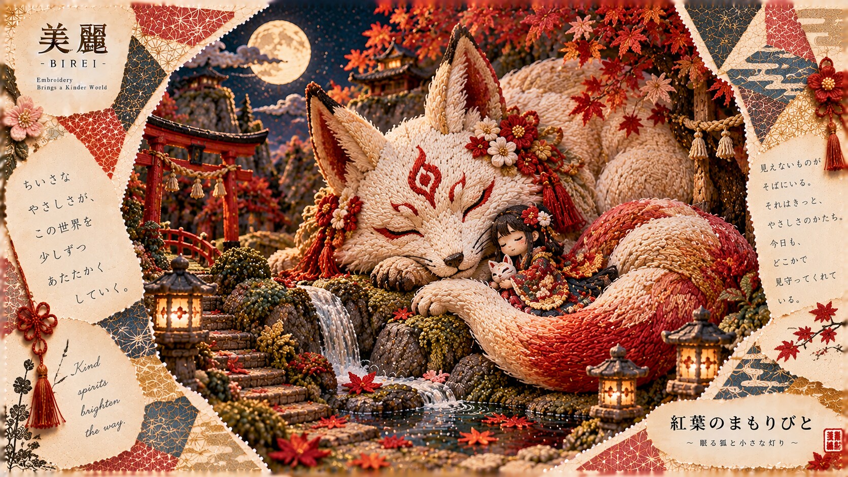 Sleeping safe within a giant fox's tail, under the autumn moon.  Small kindness slowly makes this wo | の人気AIイラスト・グラビア