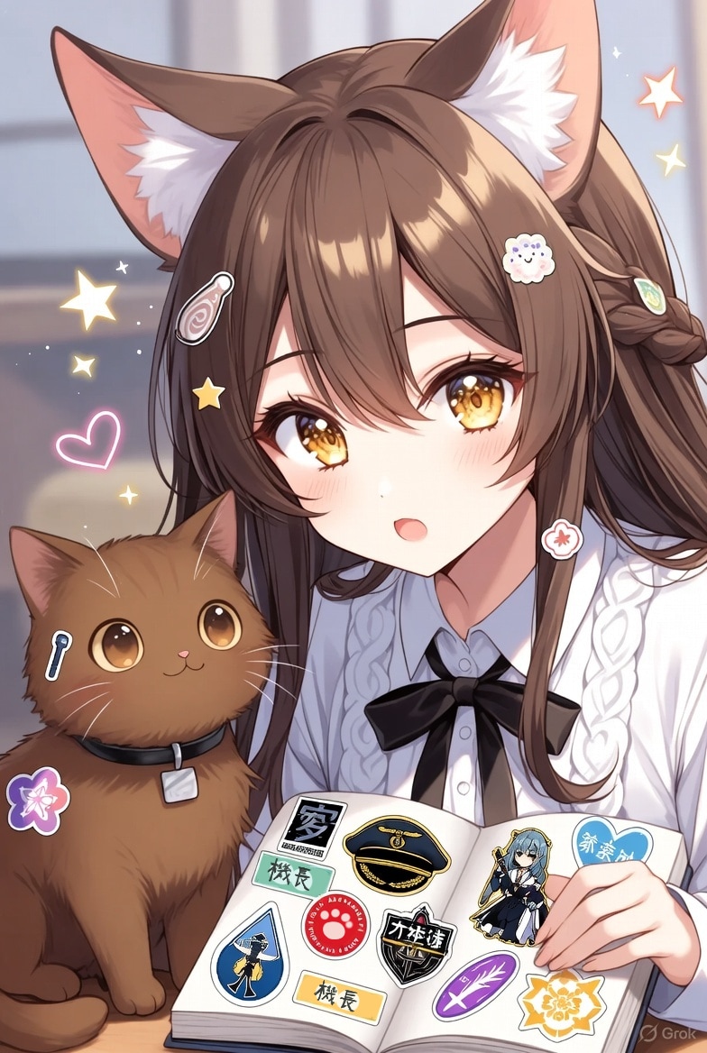 ノートにめっちゃシール貼る系女子と猫 | の人気AIイラスト・グラビア