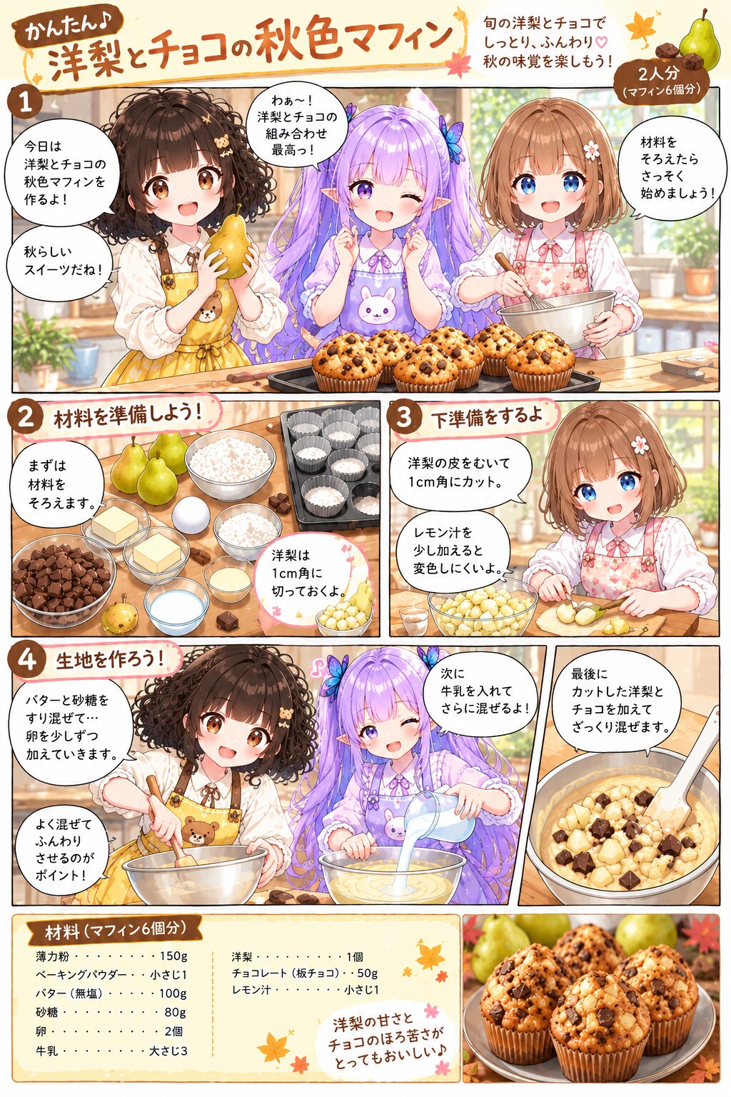 洋梨とチョコの秋色マフィン | の人気AIイラスト・グラビア