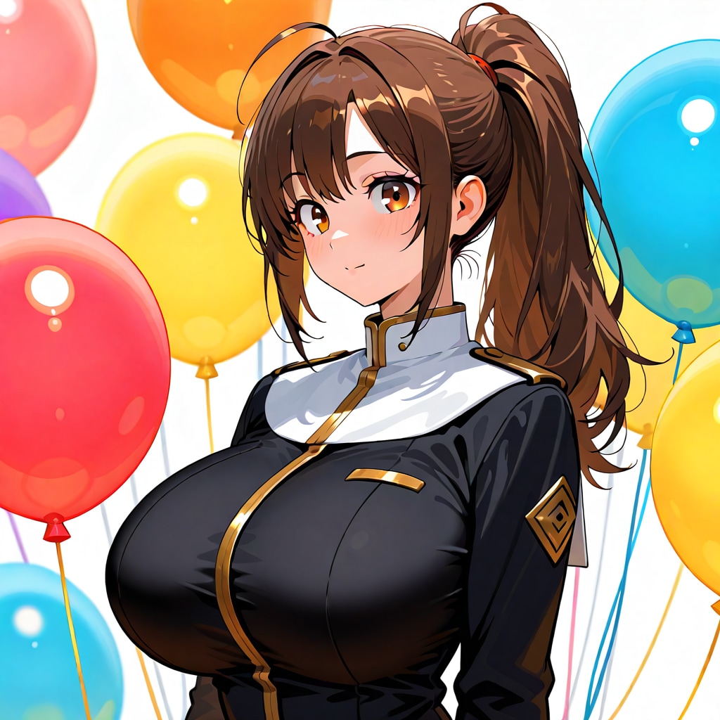 いっぱい色とりどりの風船を持つブラウンポニーテールの修道服着た美女