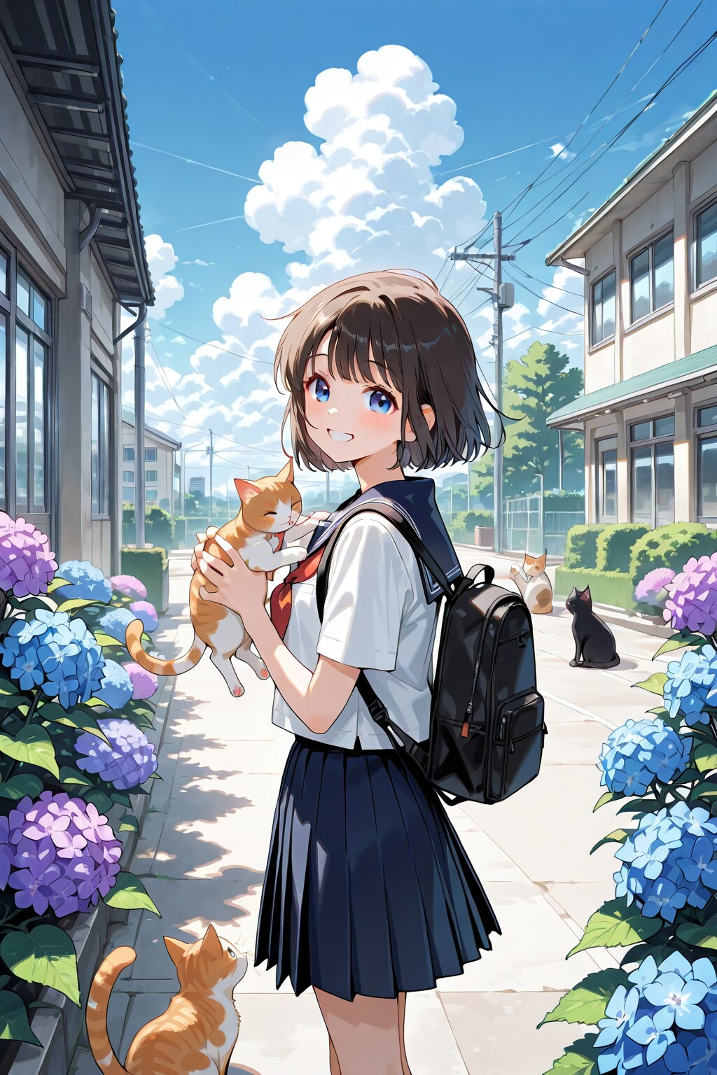 猫と少女とアジサイと