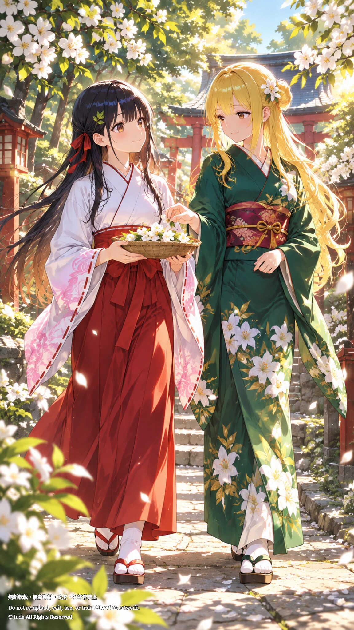 神楽さんとサクヤヒメさん、庭で花を手に | の人気AIイラスト・グラビア