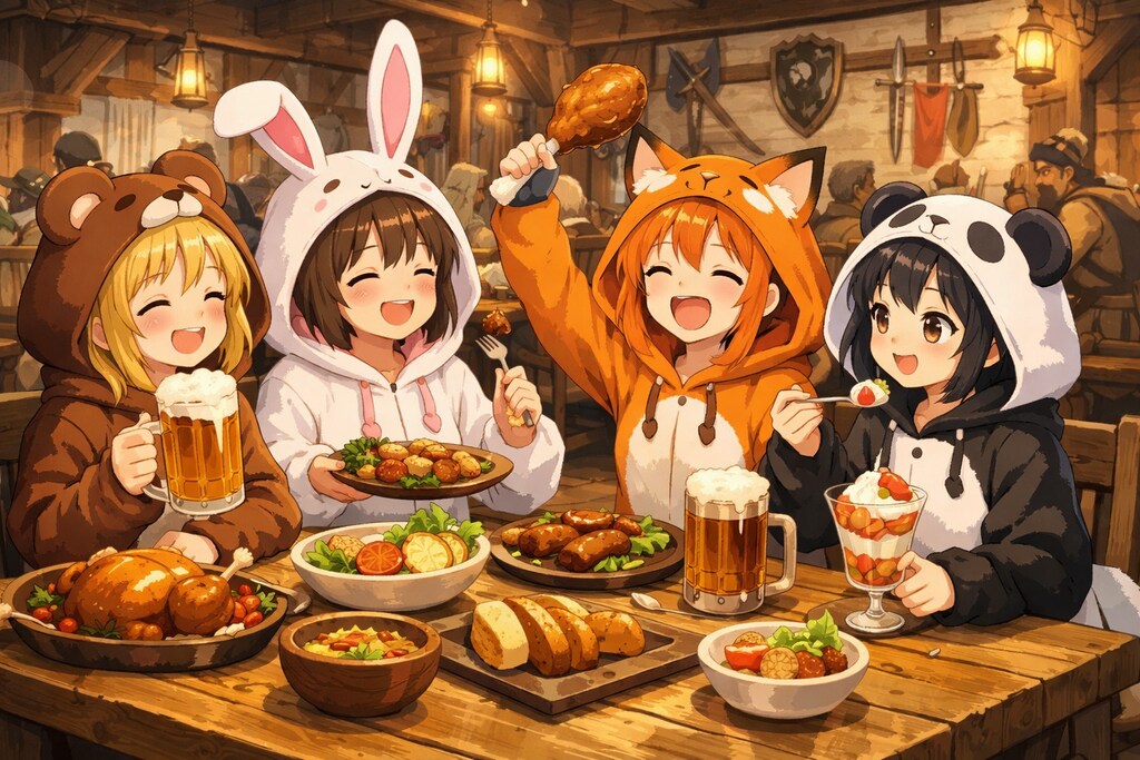 【All0406c】初めての冒険成功のお祝いを冒険者食堂で（モデル: ChatGPT）