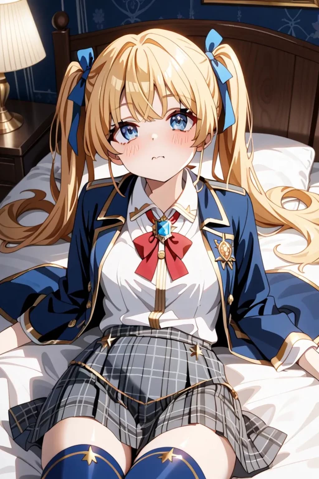 ベッドに寝そべって脚を上げる金髪ツインテ制服莉奈ちゃん♡ 青ニーソあざといポーズ🌙