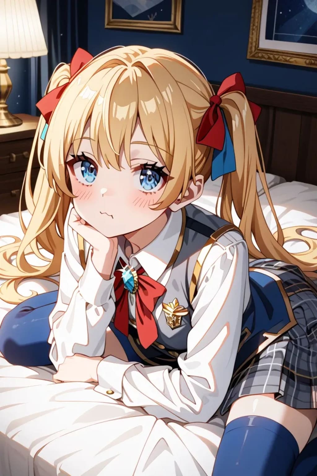 ベッドに寝そべって脚を上げる金髪ツインテ制服莉奈ちゃん♡ 青ニーソあざといポーズ🌙