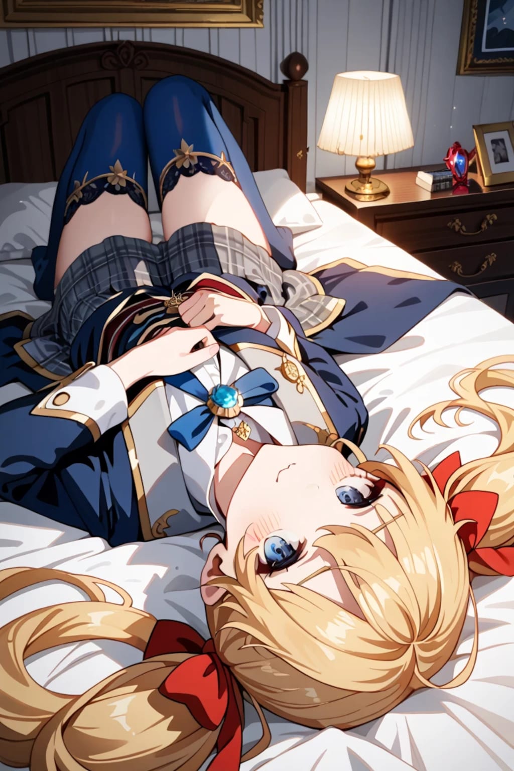 ベッドに寝そべって脚を上げる金髪ツインテ制服莉奈ちゃん♡ 青ニーソあざといポーズ🌙