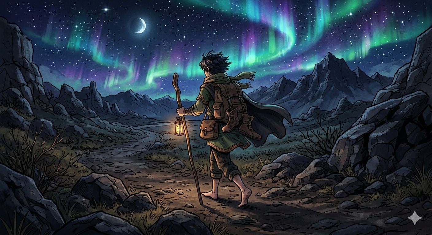 真夜中の荒野を歩く冒険者とオーロラ | の人気AIイラスト・グラビア